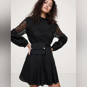 NWT Black Cotton & Lace Mock-Neck Dress with Removable Belt Bag Size S/P By BR